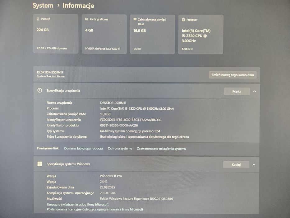 Zestaw komputer i5-2320, 16GB RAM, GTX 1050 Ti, 224GB SSD, Win 11 Pr