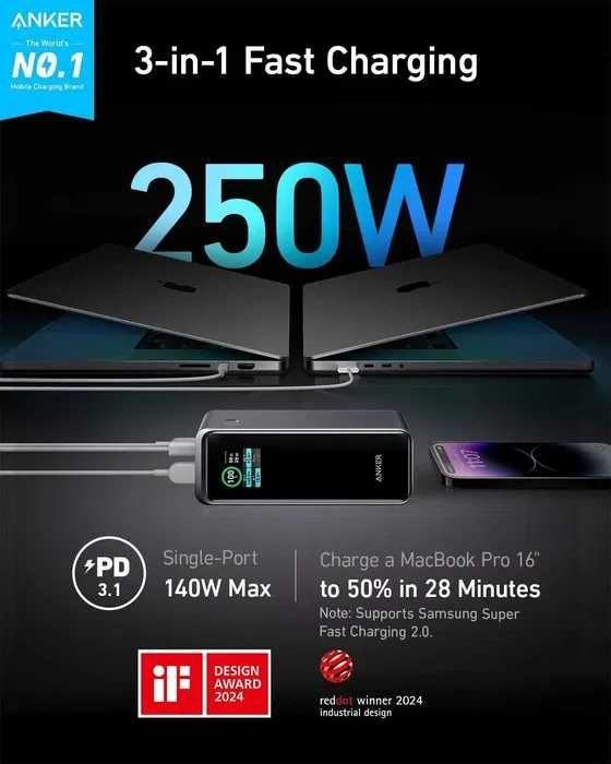 Повербанк Anker Prime Power Bank 27650mAh 250W+ 100W Charging Base