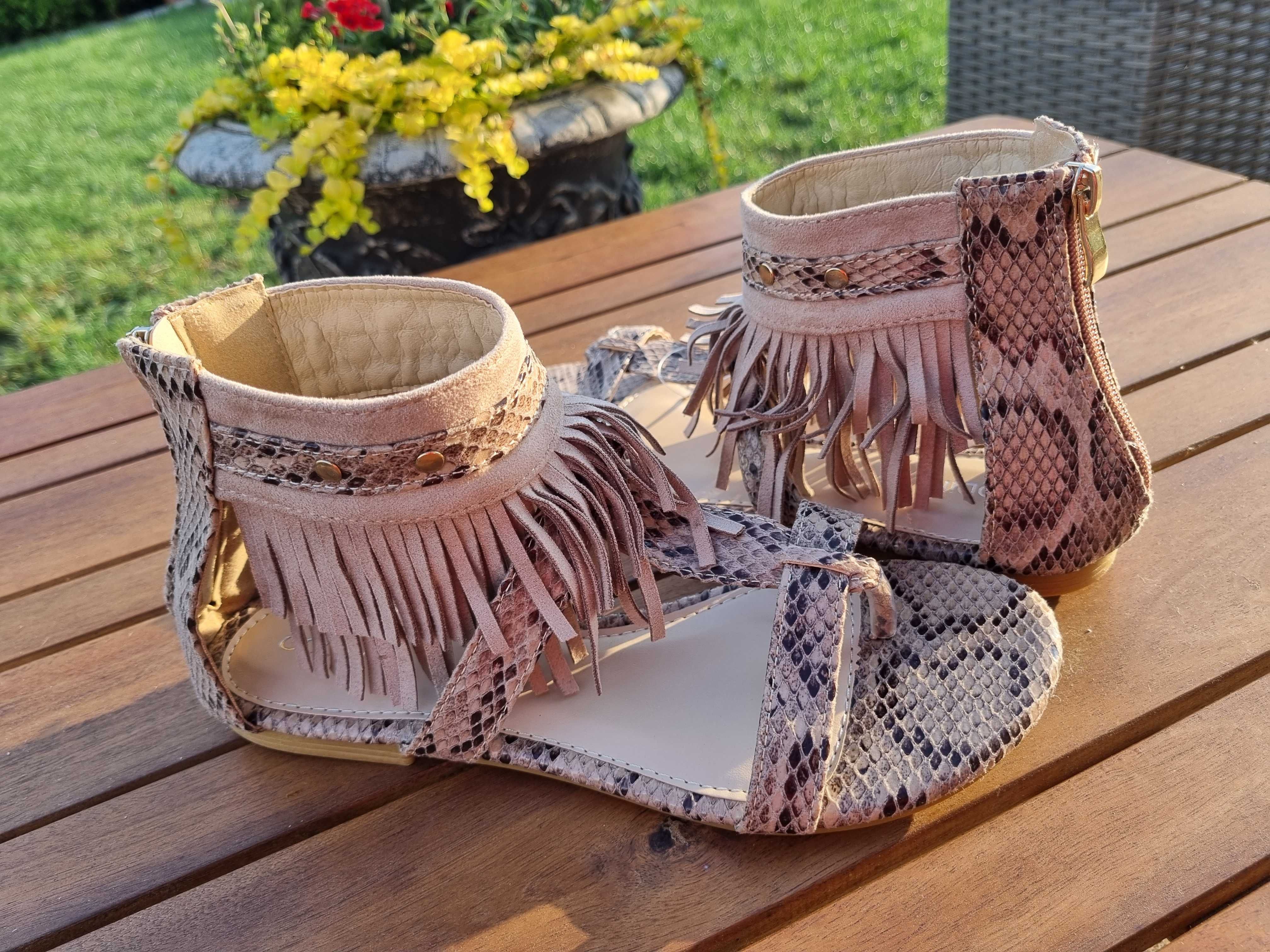 NOWE sandały Boho frędzle R 38 sandałki japonki - struktura skóra węża