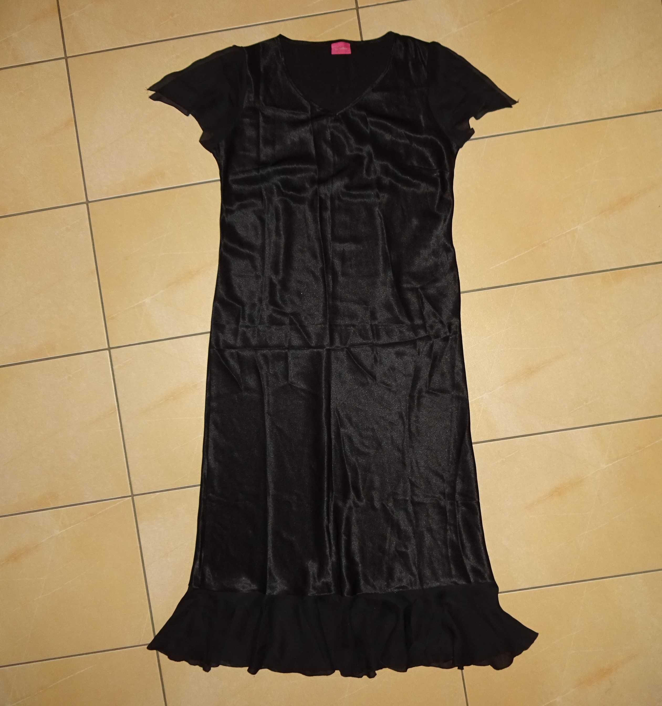 FOR WOMEN długa czarna elegancka satynowa z falbanką sukienka Size 42