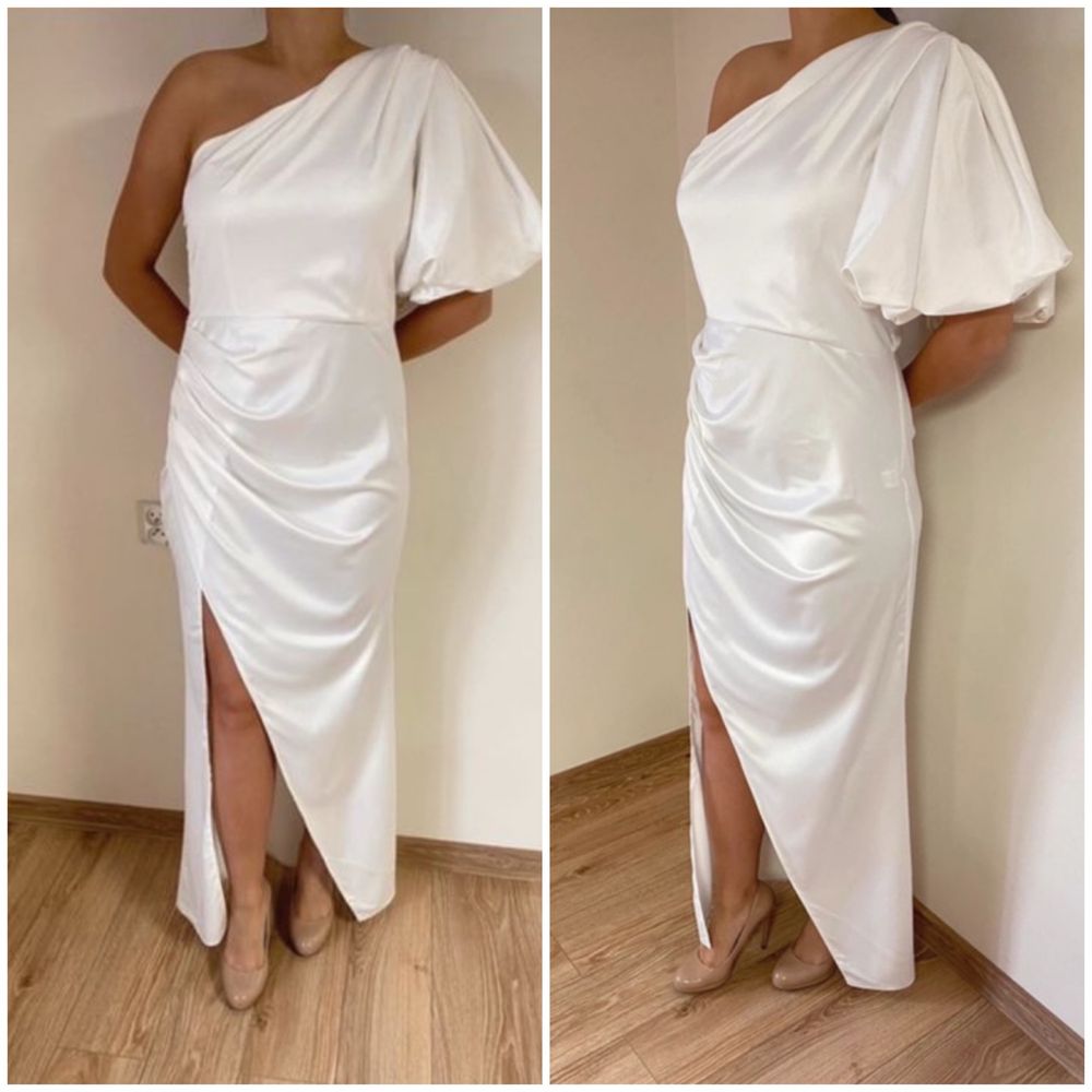 Satynowa sukienka maxi asymetryczna bufki boohoo 42 xl