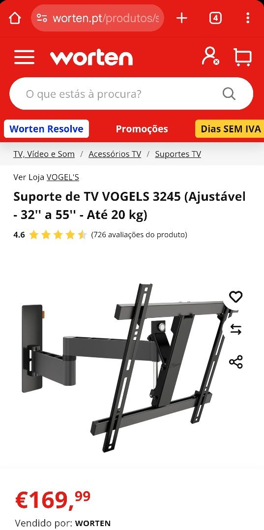 SUPORTE para TVs (32" a 55") com BRAÇO DOBRÁVEL.
