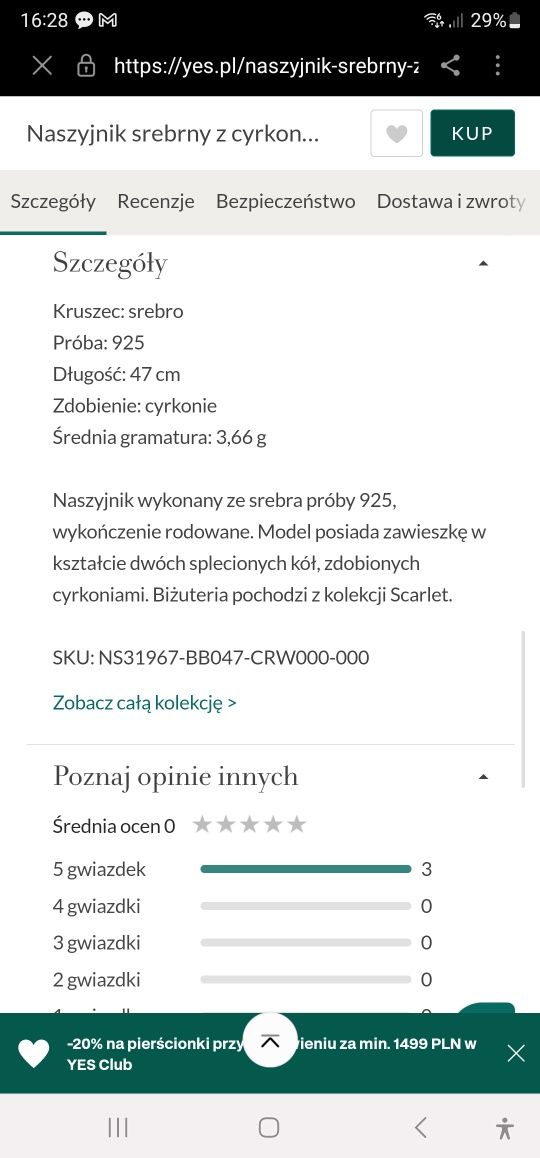 Srebrny naszyjnik i bransoletka z firmy YES