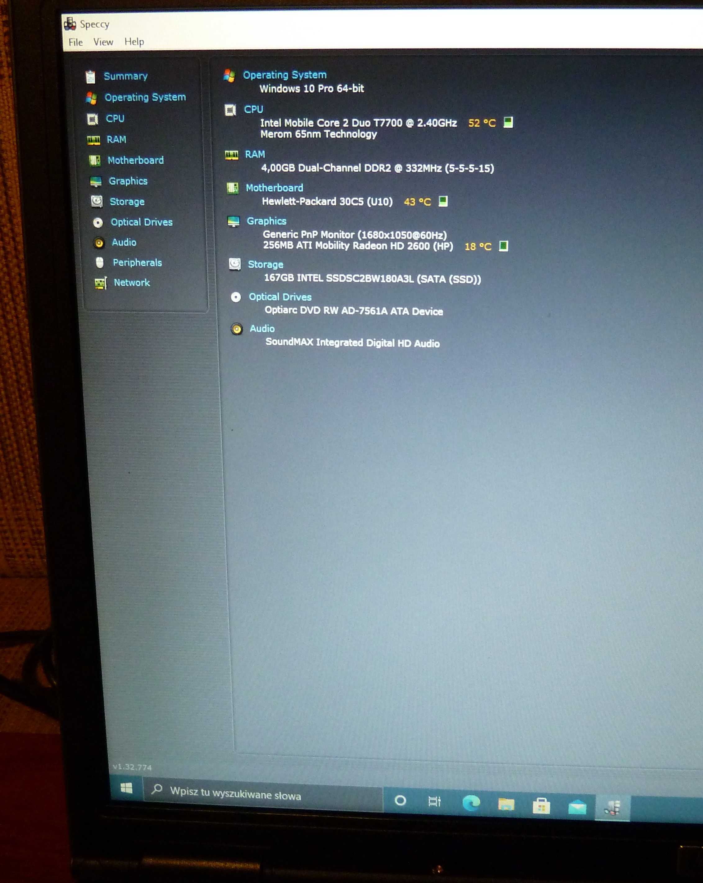Laptop HP  15,4" Windows 10 Profesional, Dysk SSD WI-FI, BT, HDMI