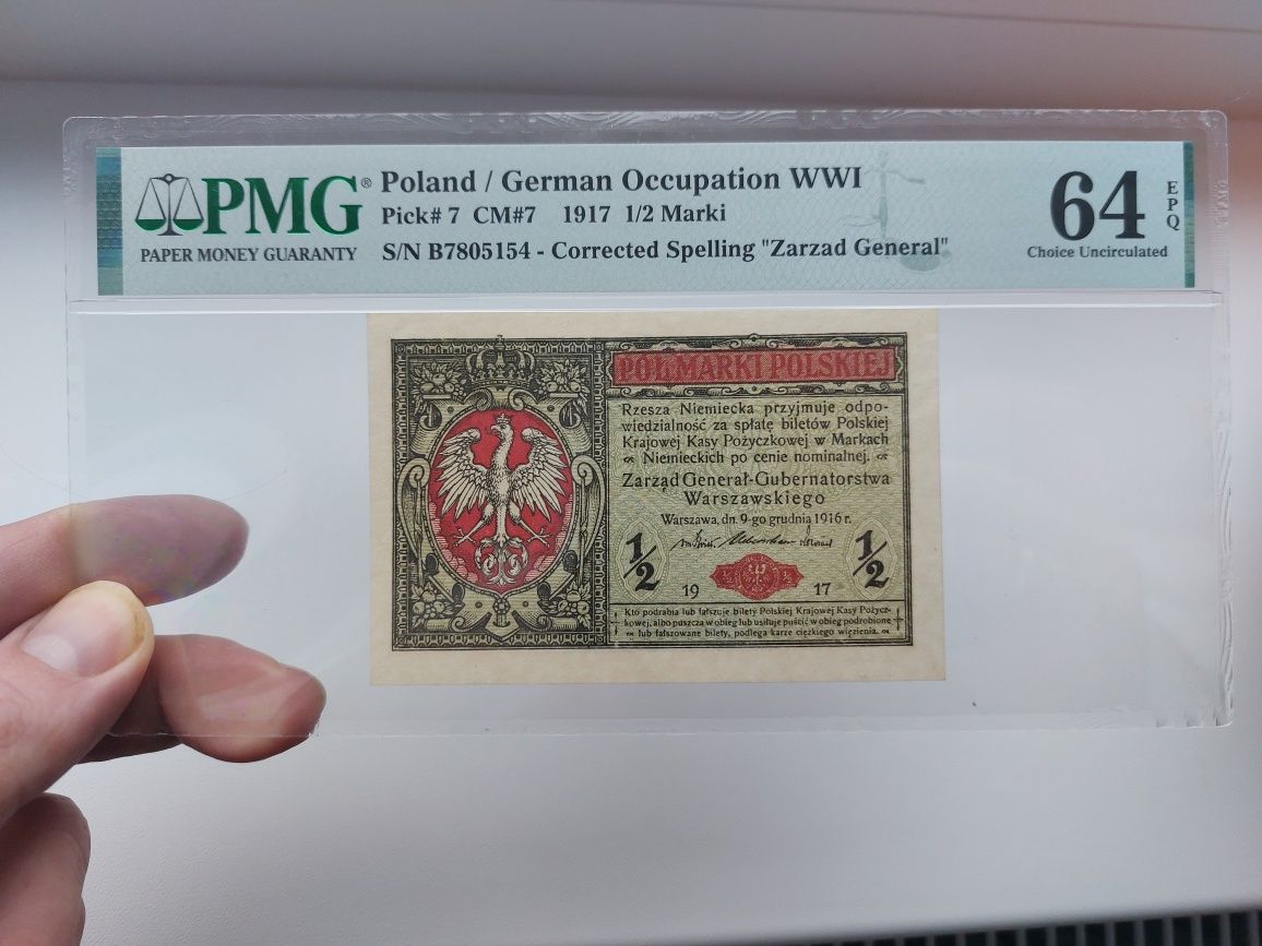 1/2 marki 1916 PMG 64 EPQ ! Piekny egzemplarz marki polskiej 1917
