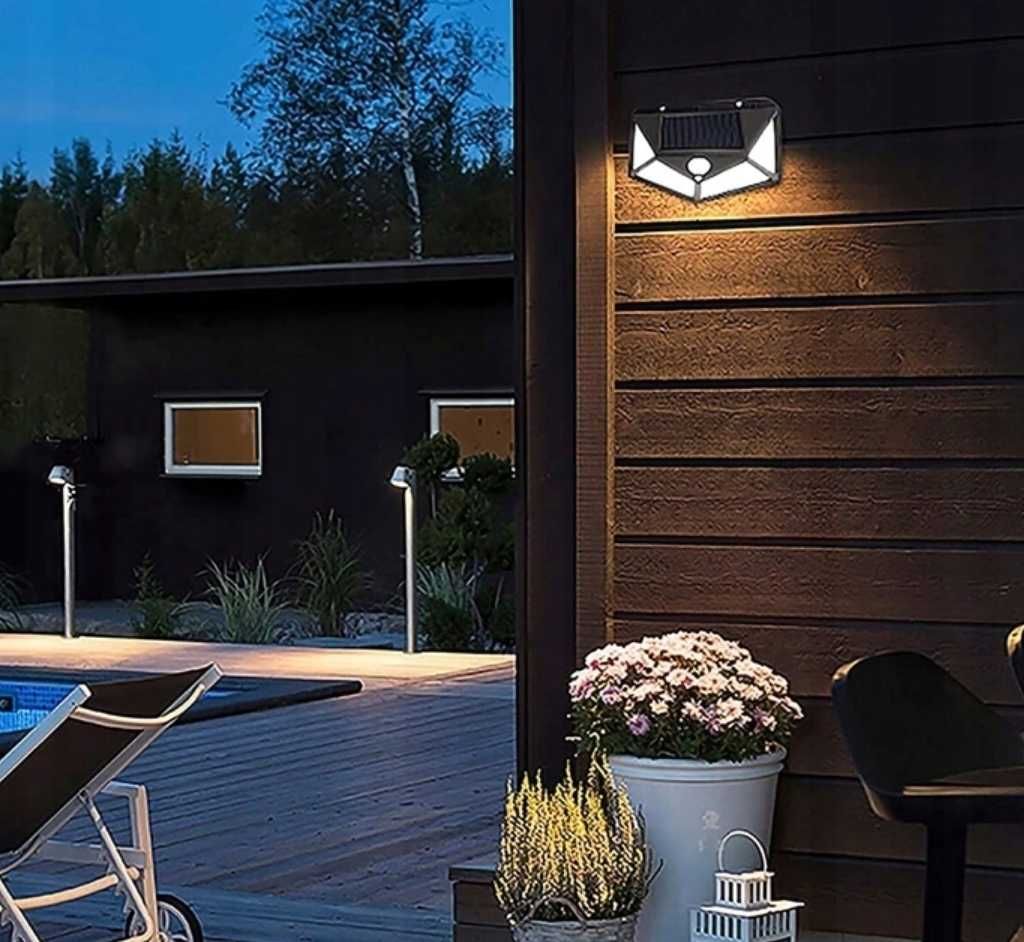 LAMPA SOLARNA 100LED z czujnikiem ruchu zmierzchu elewacyjna NAŚCIENNA