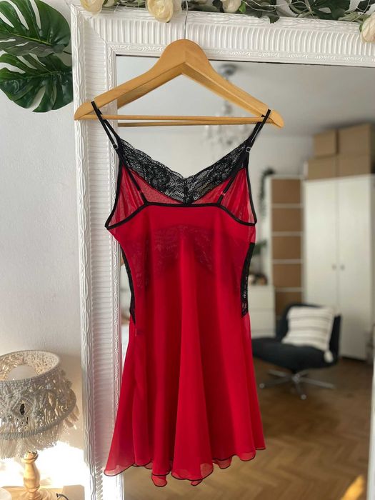 Koszulka nocna czerwona czarna koronka halka zmysłowa krótka S 36