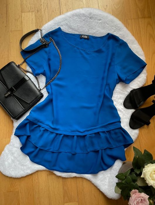 Elegancka kobaltowa bluzka z falbankami L/XL