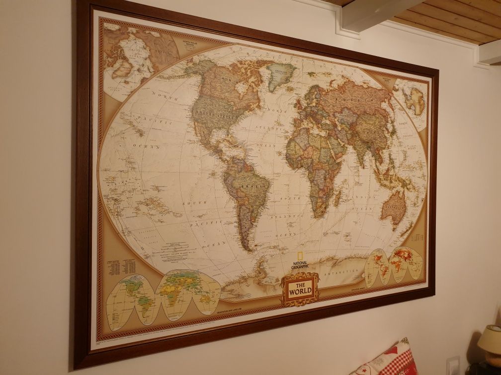Mapa Świata z ramą Ogromna mapa gabinetowa GABINET Obraz w starym styl