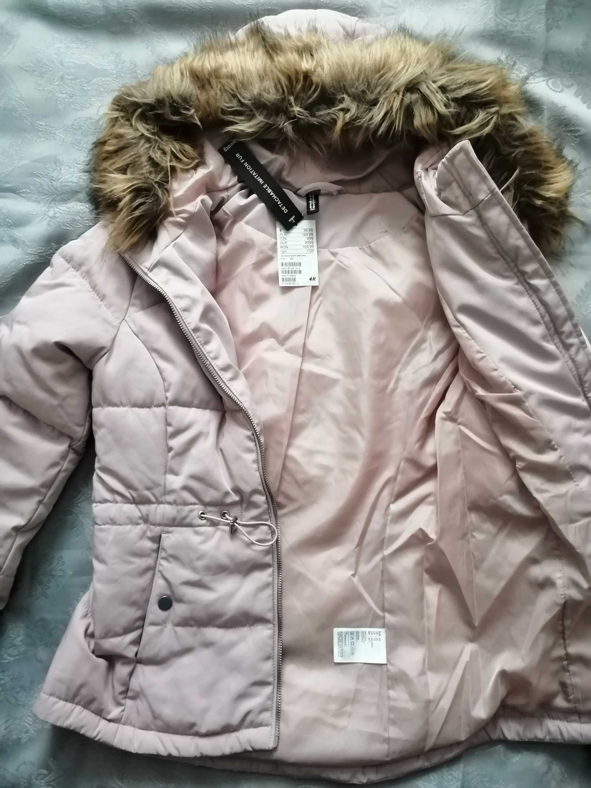 NOWA Kurtka H&M 34 XS 36 S pudrowy róż damska zimowa
