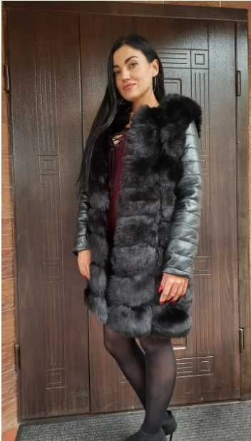Длинная меховая жилетка с рукавами ЭКО мех