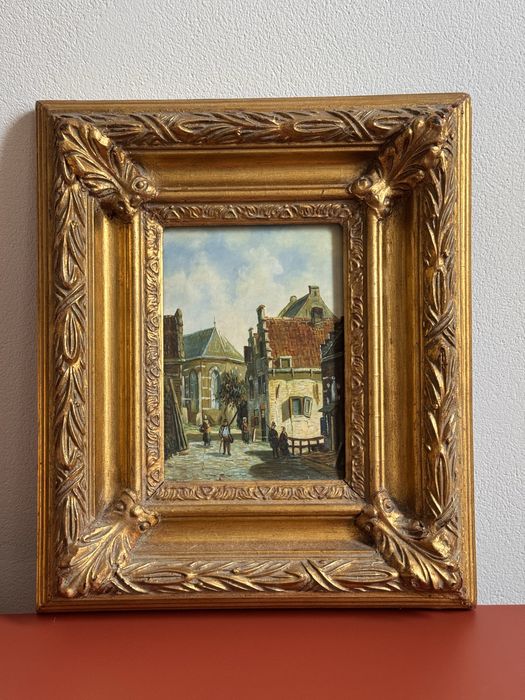 Obraz olejny – XIX/XX w., widok miejskiej uliczki, olej na desce