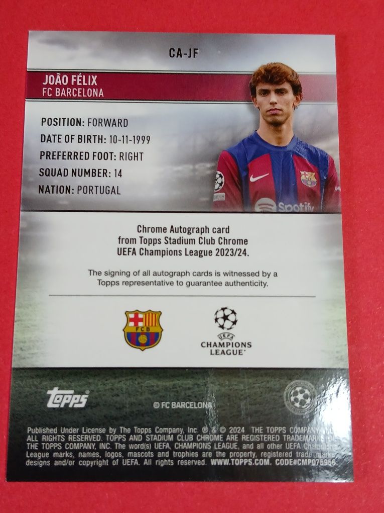 Card João Félix Autografada Topps Stadium Club Chrome.