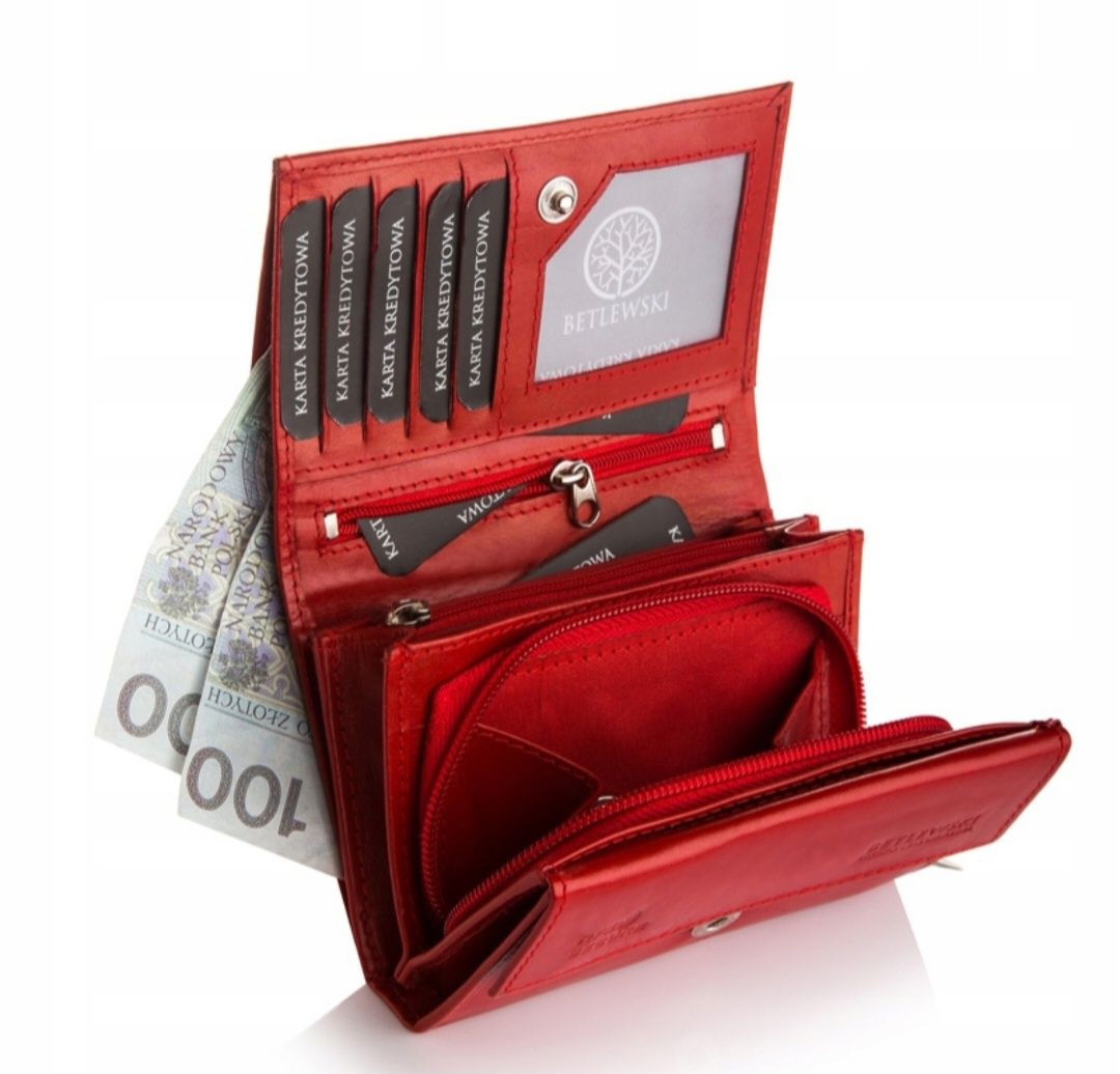 Czerwony porządny skórzany pojemny portfel damski betlewski nowy