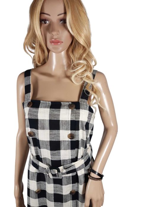 Nowa czarna ecru długa sukienka wzór w kratkę 40,L Primark bawełna