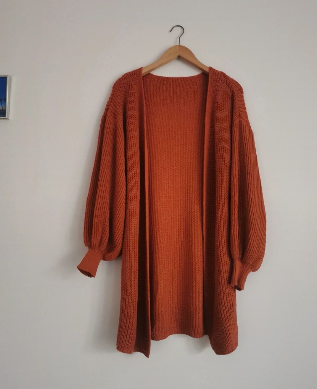 Jesienny sweter kardigan bufki bufiaste rękawy S 36 M 38 oversize