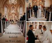 Dekoracja kościoła - biały dywan, świeczniki, ślub