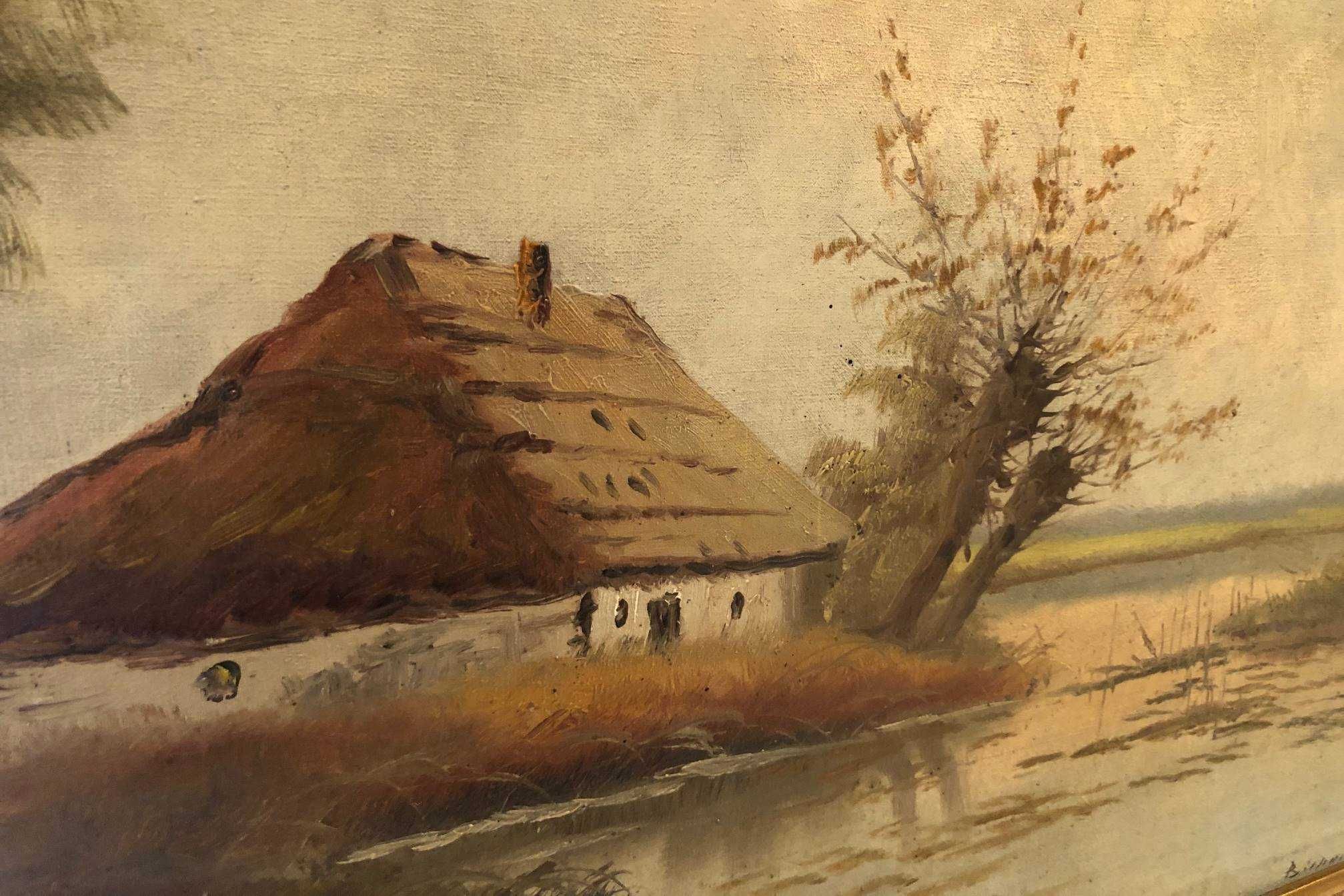 Stary duży obraz olejny: Bielski - Wiejska chata nad wodą, XIX/XX wiek