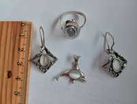 srebrny kpl pierścionek kolczyki wisiorek srebro 925 i szare kocie oko