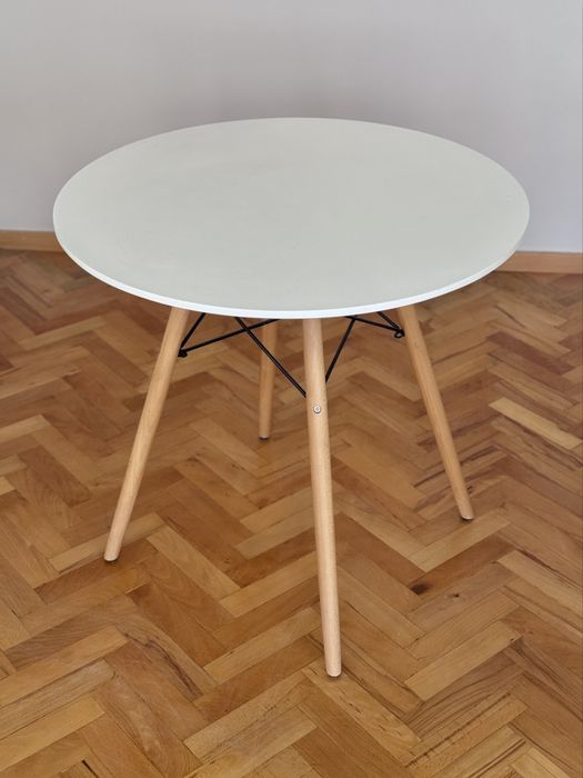 Stół okrągły biały skandynawski 80 cm, drewniane nogi, bardzo stabilny