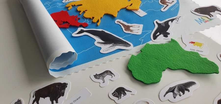Fiszki kontynenty, zwierzęta. PL i EN  mapa świata mata Montessori