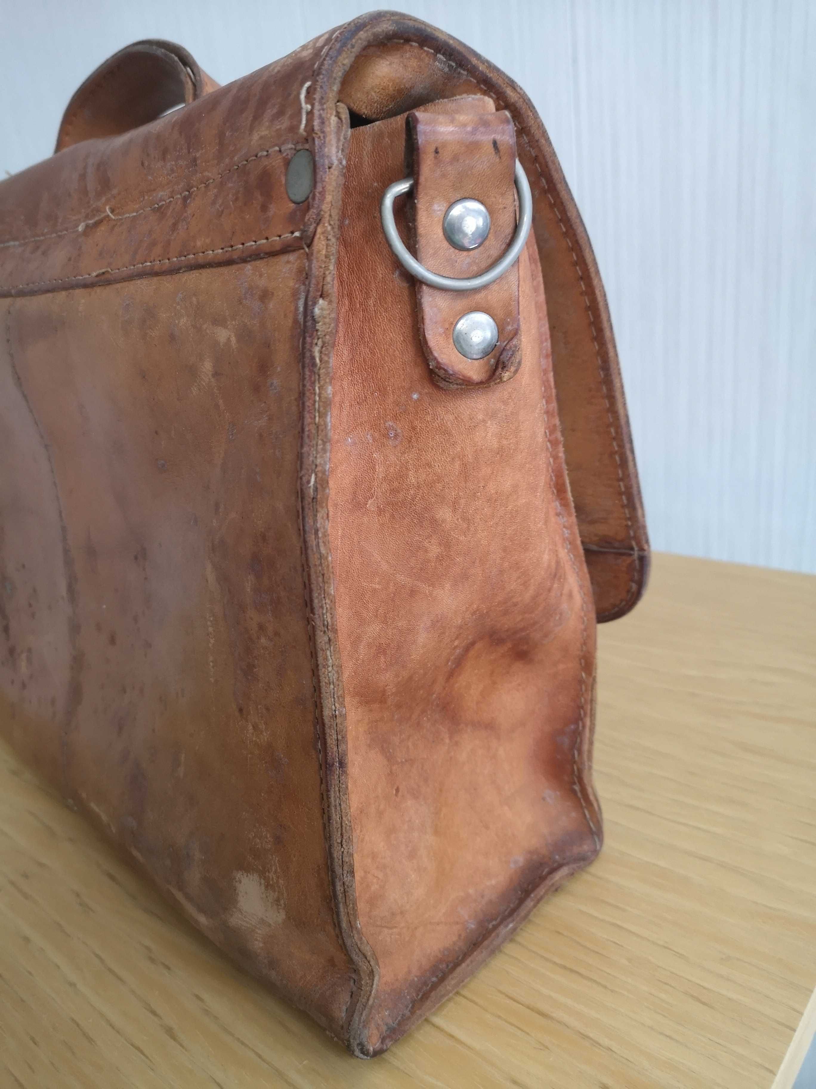 torba aktówka skórzana skóra A4 vintage lata 60 - 70 brązowa 35x30x12