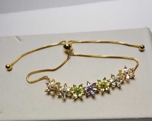 Bransoletka kwiaty z kolorowych kamieni srebro złocone zaciągana