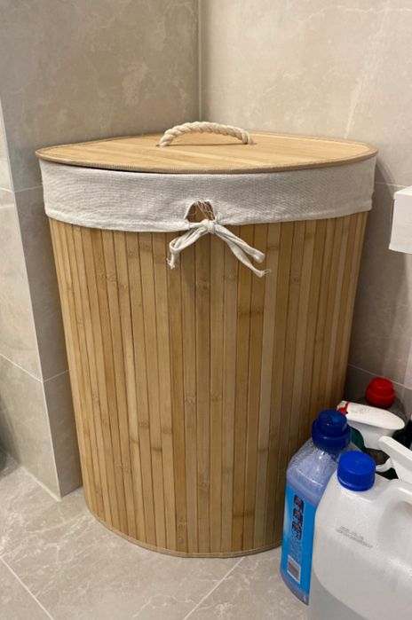 Narożny bambusowy kosz na pranie z pokrywą nowy pojemny 60L