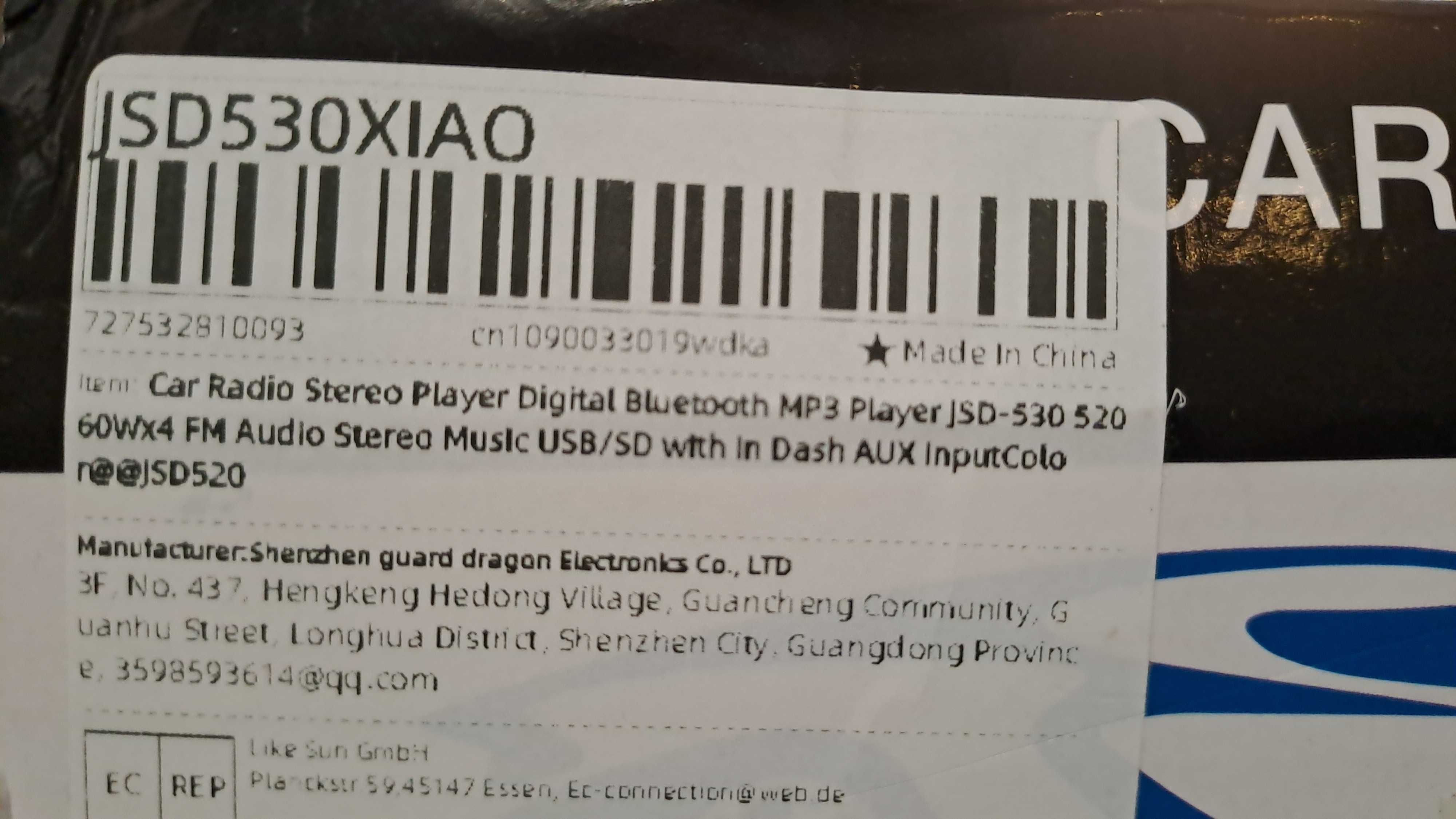 Leitor MP3 para carro com Bluetooth rádio, USB/TF card/. Novo.