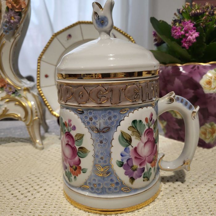 Кружка с крышкой Коростень. Ручная роспись