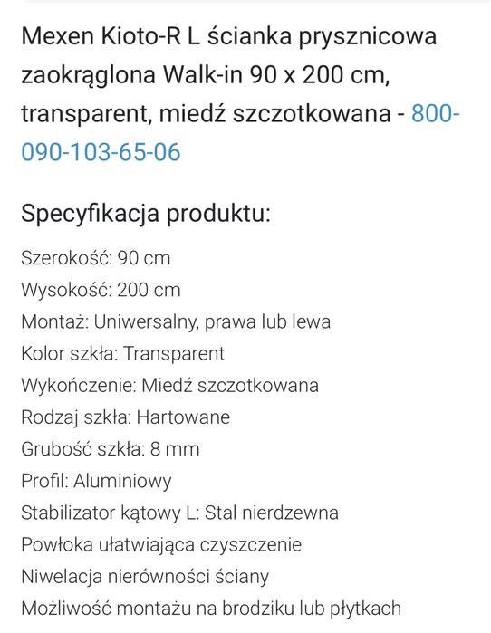 Mexen Kioto-R L ścianka prysznicowa zaokrąglona Walk-in miedź