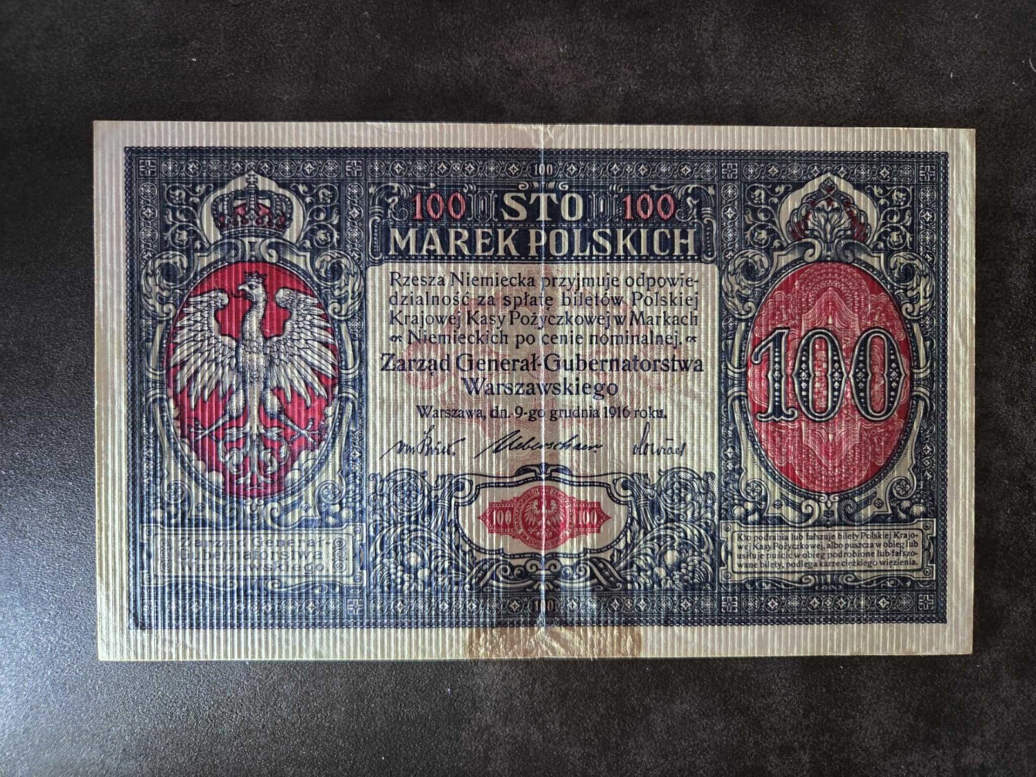 100 marek 1916 A Generał piękny 100 marek polskich 1916 ser A prążki
