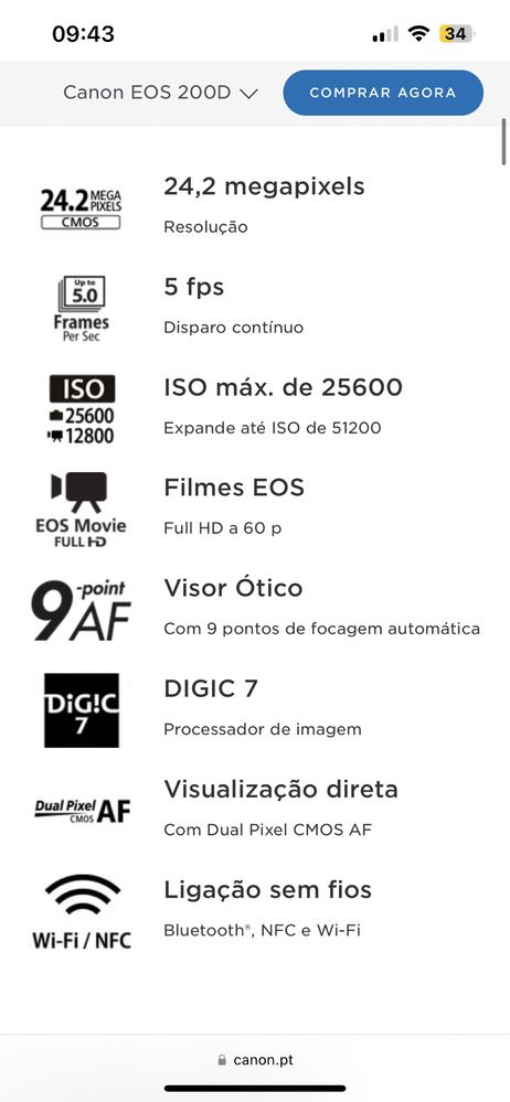 Canon EOS 200D reflex + 2 objetivas + bolsa