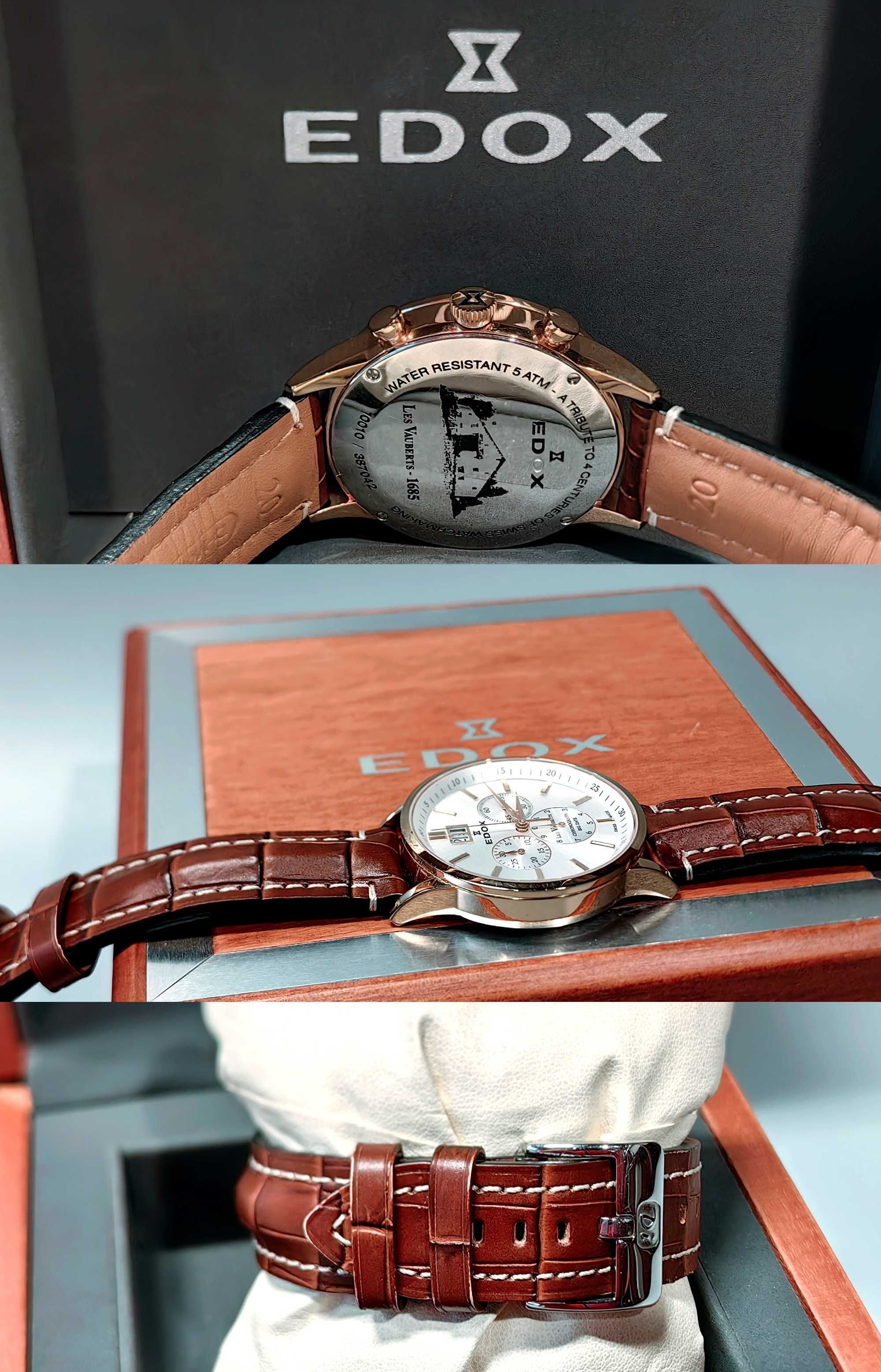 Zegarek EDOX Les Vauberts Big Date Rose Gold PVD Chronograph Pudełko