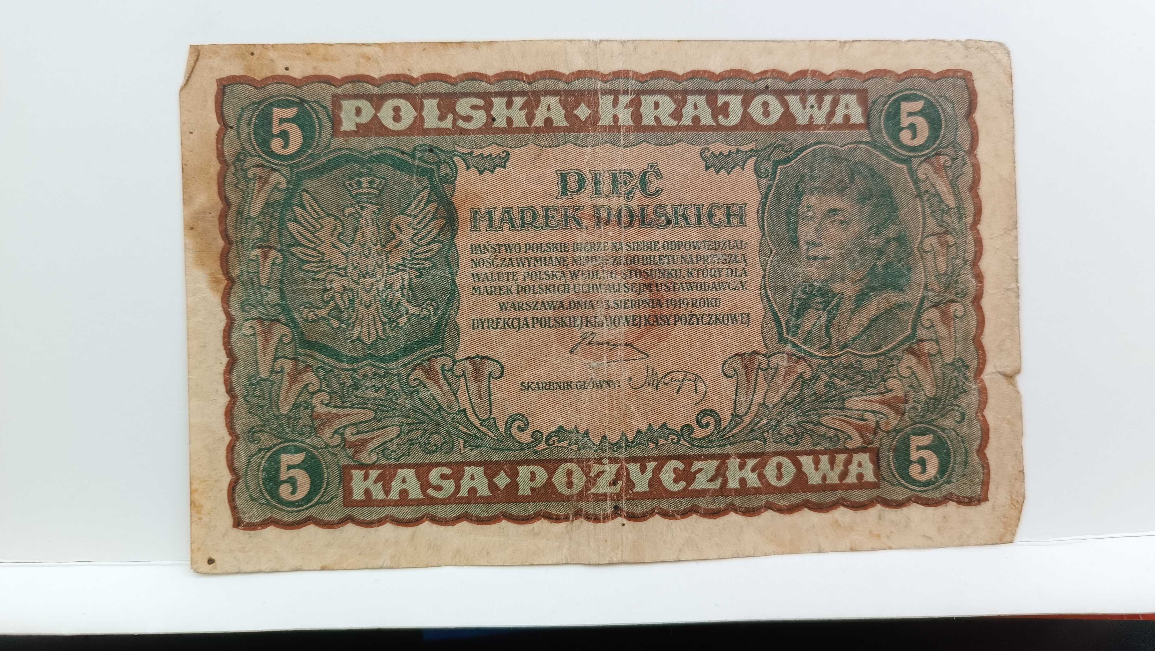 ZESTAW banknot 5, 10, 20, 100 marek polskich 1919 r, różny stan