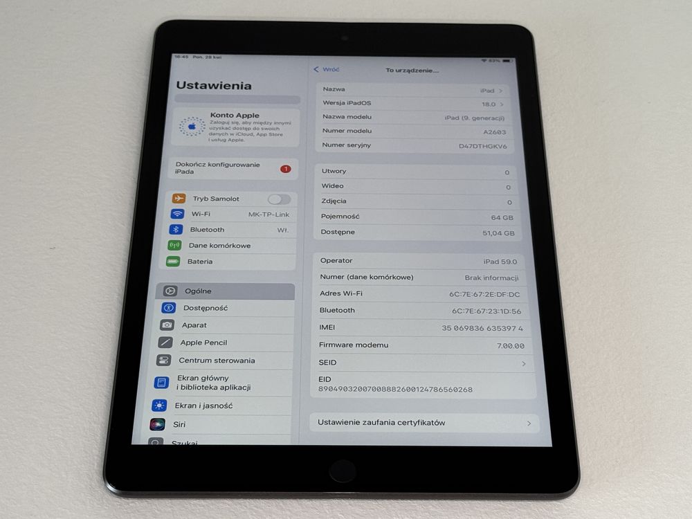 iPad 9. gen. (A2603) - 64GB - Cellular (LTE) - faktura VAT 23%
