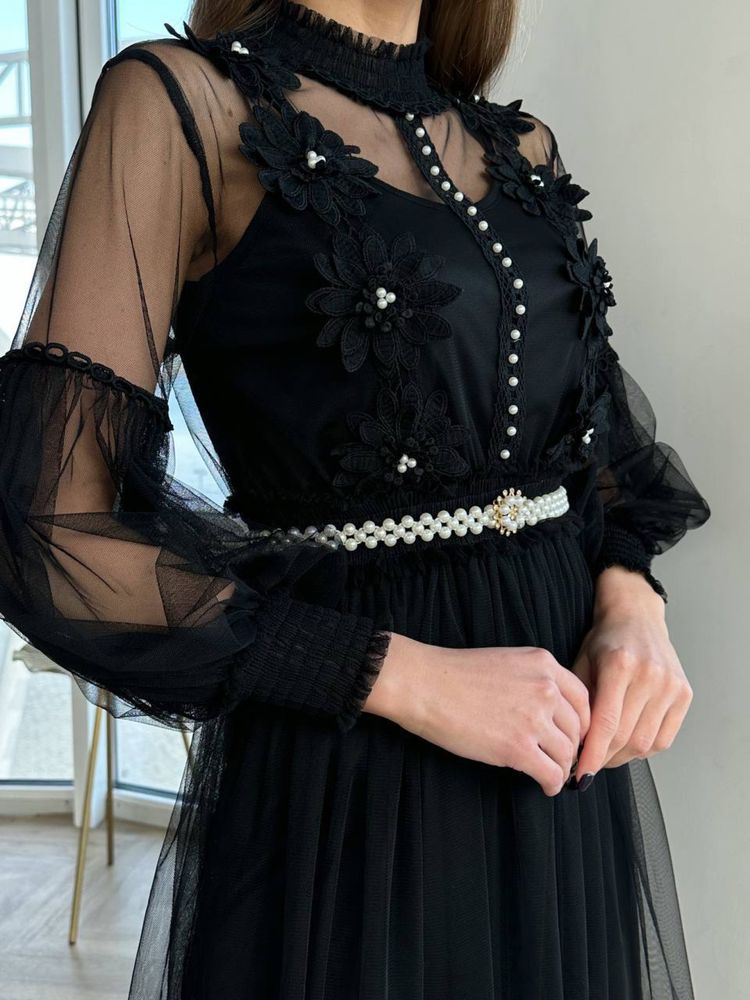 Женское нарядное ажурное платье Жіноча сукня чорний,молоко,пудра