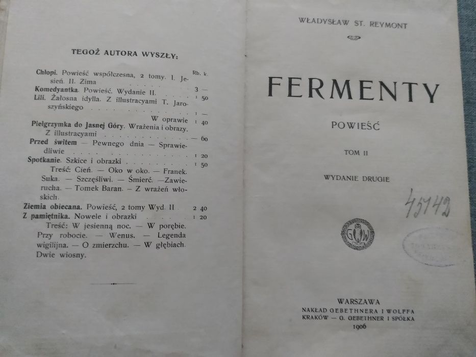 Fermenty powieść tom I i II 1906 r Władysław Stanisław Reymont