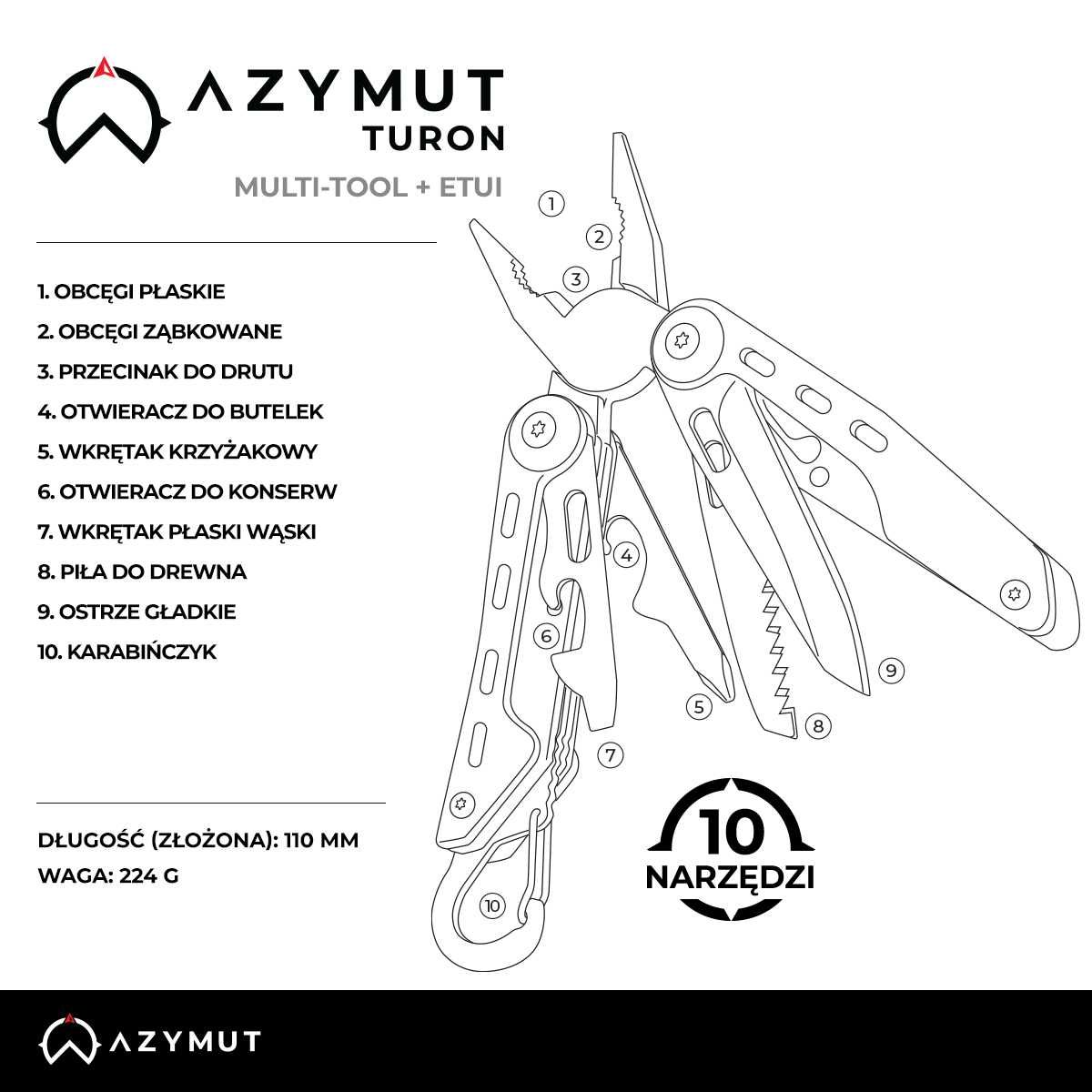 Multitool AZYMUT Turon - 10 narzędzi + karabińczyk +kabura do pasa