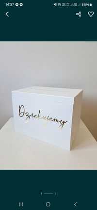 Białe pudełko na koperty srebrny napis Dziękujemy ślub wesele