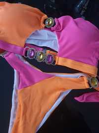 Bikini stroj kapielowy neon pomarańczowy rozowy cyrkonie roz.M unique