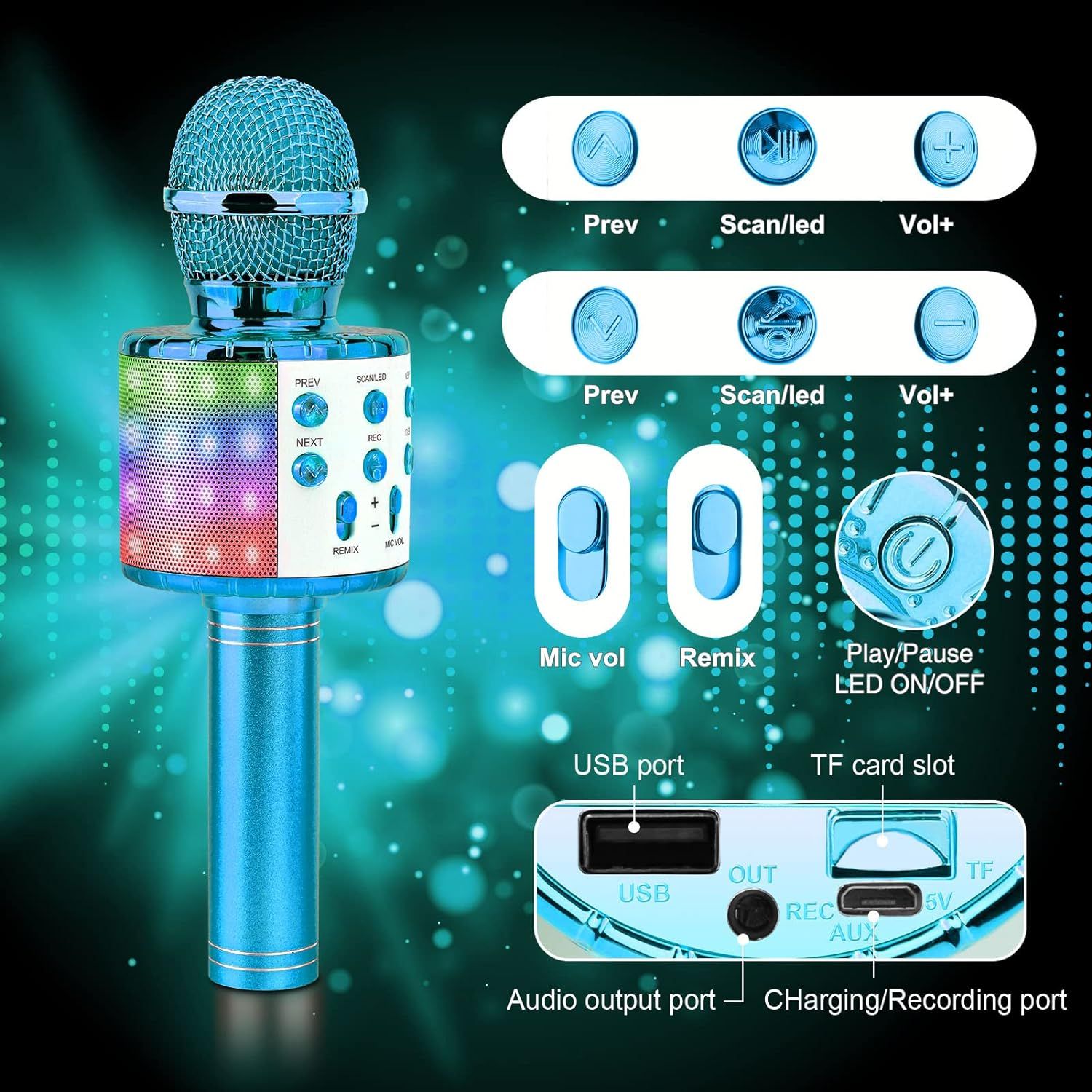 ShinePick, Mikrofon karaoke, 4 w 1, Bluetooth, bezprzewodowy