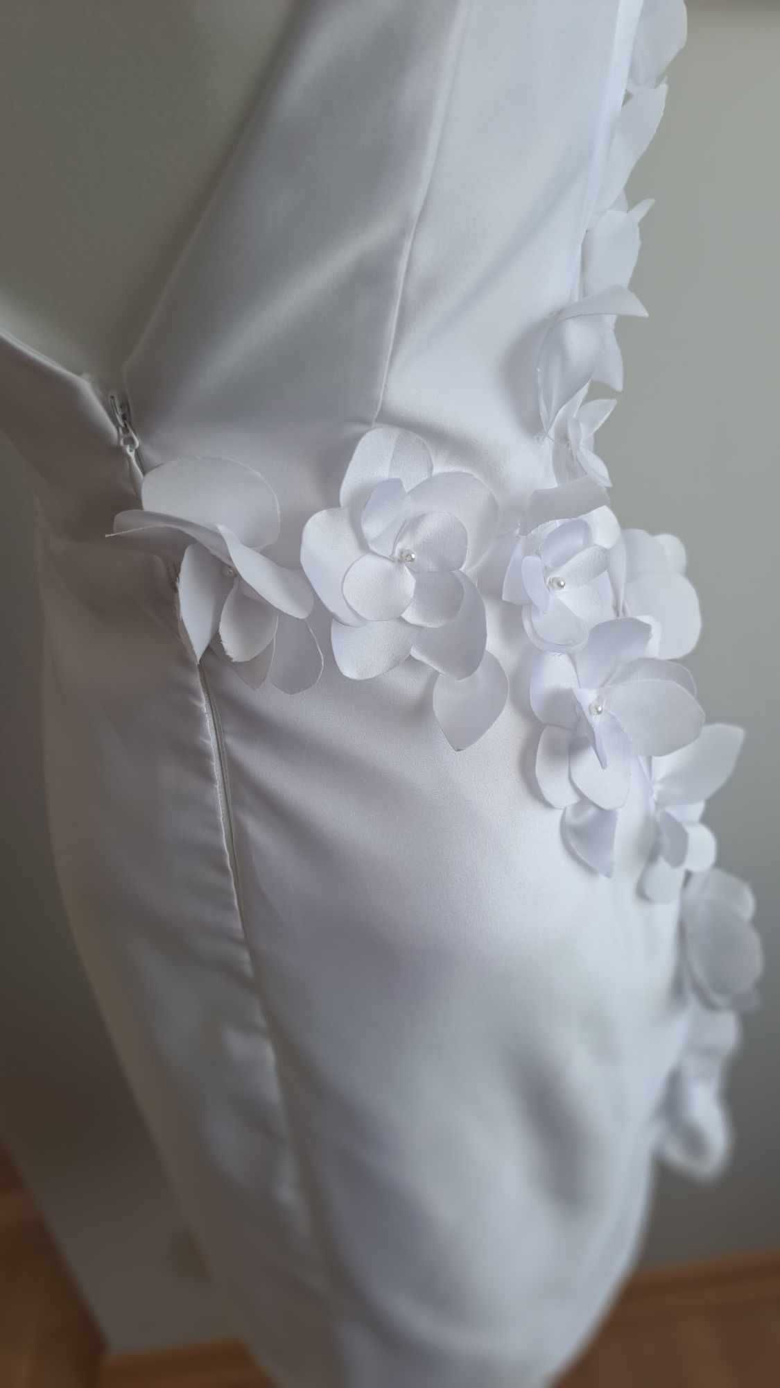 Nowa Biała ślubna Sukienka  satynowa kwiaty 3D rozmiar 34