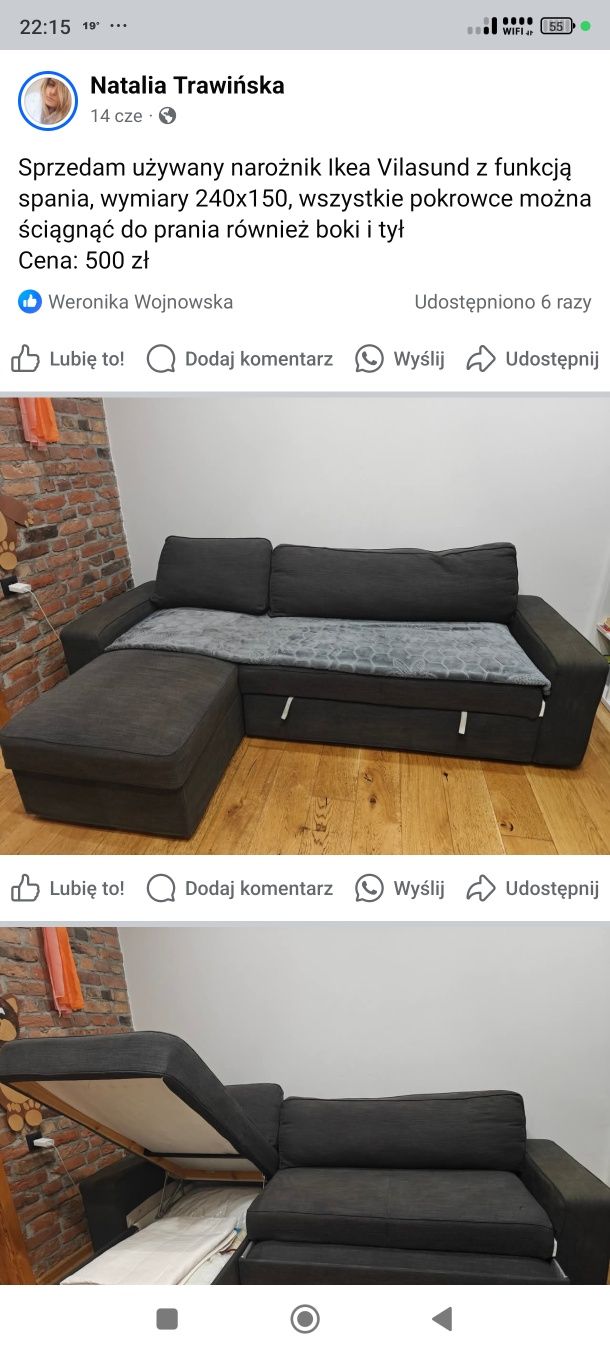 Narożnik z funkcją spania, materiały na zamku