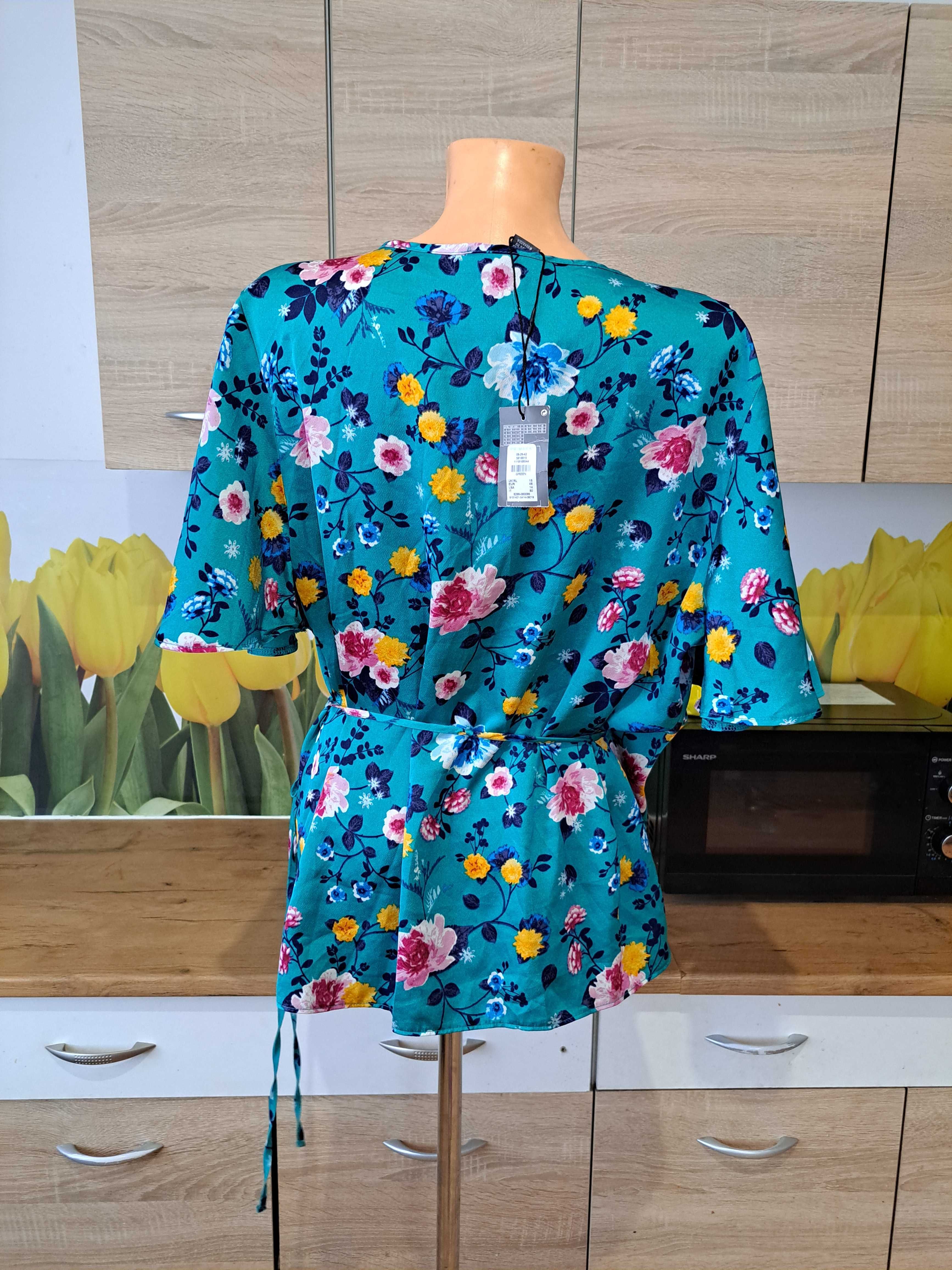 Nowa wiązana miętowa bluzka Primark rozmiar 46 poliester, kwiaty