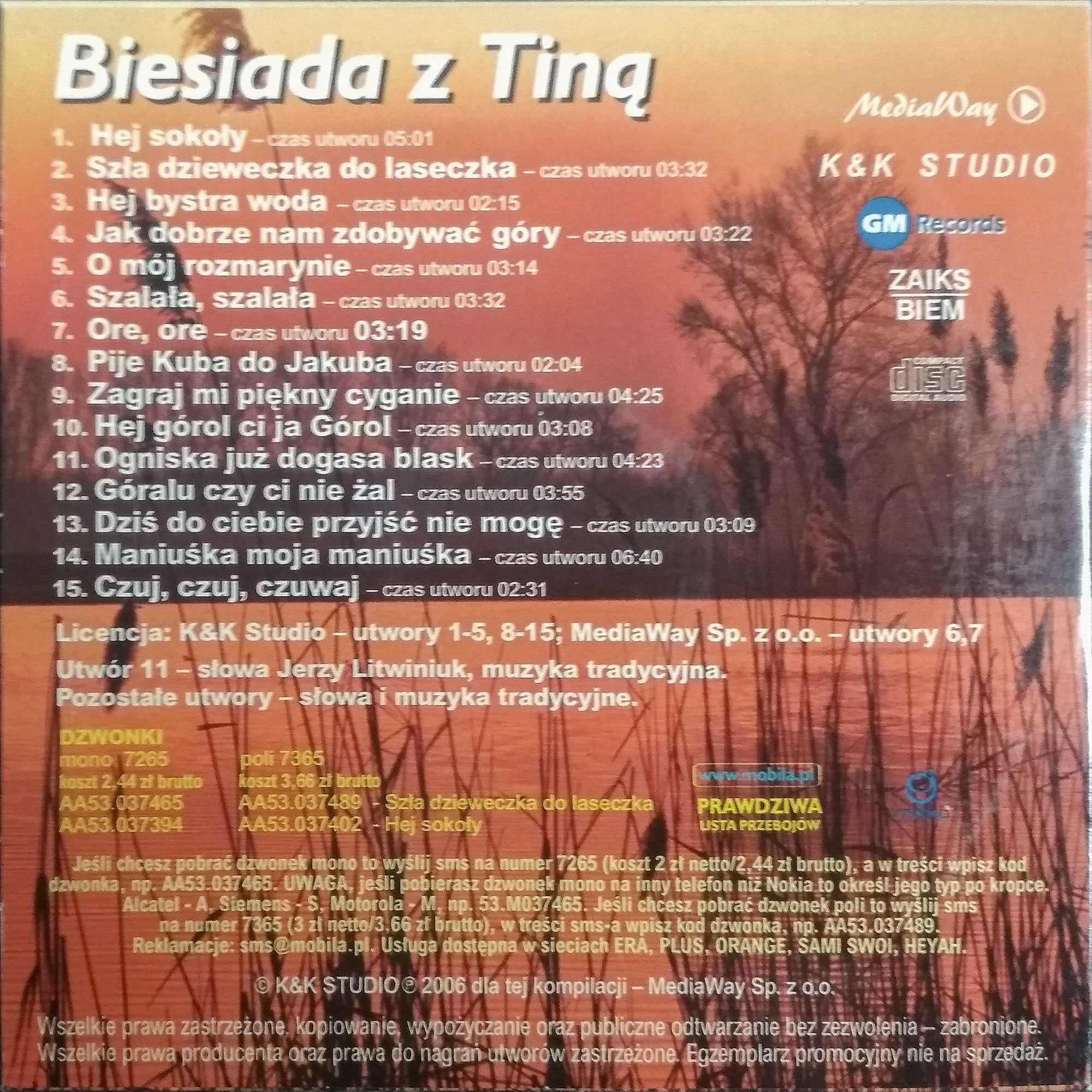Biesiada z Tiną - Hej sokoły, Ore ore... i inne - aż 15 utworów (CD)
