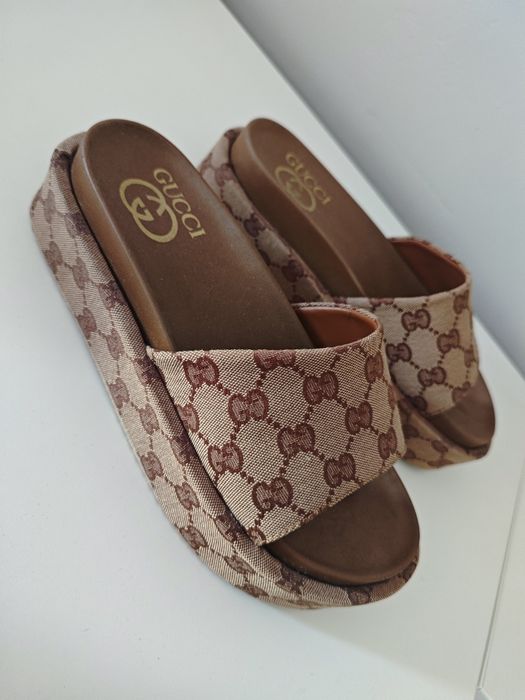 Klapki platforma beżowe brązowe Gucci 39