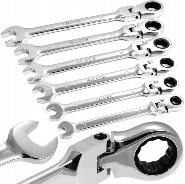 Набір ріжково-накидних ключів з тріскачкою шарнірні Silver 12шт 8-19мм