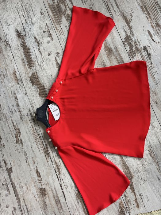 Zara basic czerwona koszula szyfonowa szyfon tiul perly perelki 36 38