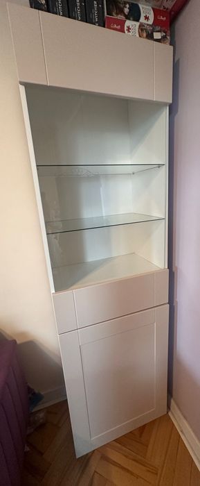 Zestaw mebli do salonu, biało-kremowe, komoda, witryna, szafka RTV
